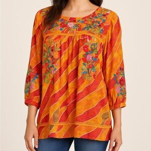 ANU Embroidered Floral Boho Tunic Blouse NWT S/M Multicolor Rayon 3/4 Sleeve